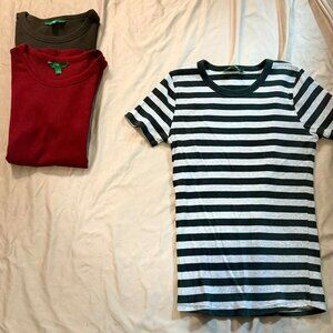 THREE "dip" brand Short Sleeve Ribbed Tops (Grn/Gry stripe, Grn, Red) MED/LG